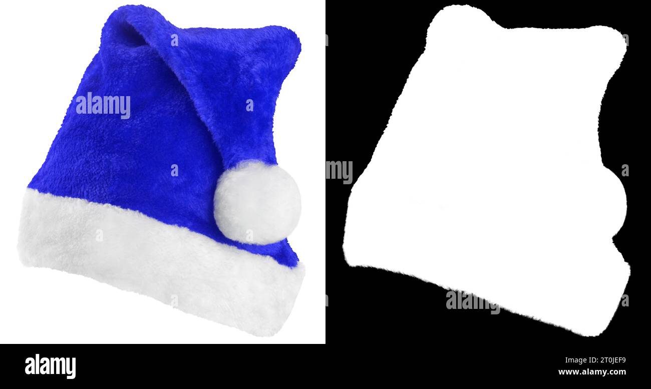 Chapeau de Père Noël ou chapeau bleu de Noël isolé sur fond blanc avec masque de clipping (canal alpha) pour une isolation rapide. Banque D'Images