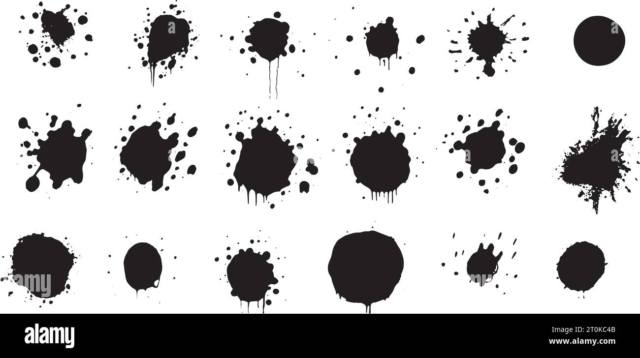 Ensemble de formes vectorielles. MEGA pack de différents coups de pinceau : éclaboussures d'encre noire, blots, dessins ronds à main levée, lignes grungy dessinées, vagues, cercle Illustration de Vecteur