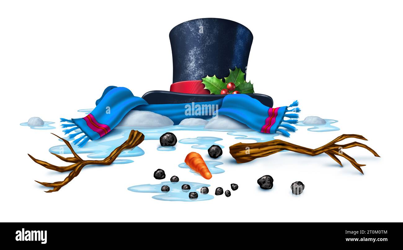 Personnage de neige fondue ou un homme de neige fondant en raison du temps plus chaud comme cole et un chapeau haut de gamme avec une carotte et une écharpe comme un hiver drôle de saison de Noël Banque D'Images