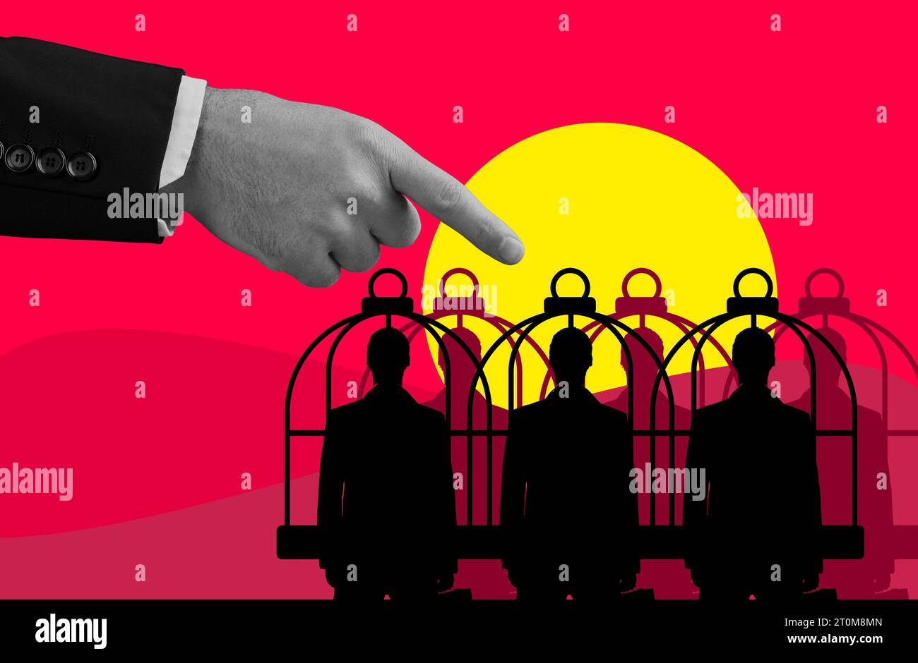 Main, pointage et esclavage corporatif en cage, abus et inégalité sur superposition. Doigt, groupe et patron avec des travailleurs en prison pour l'autorité, les affaires Banque D'Images