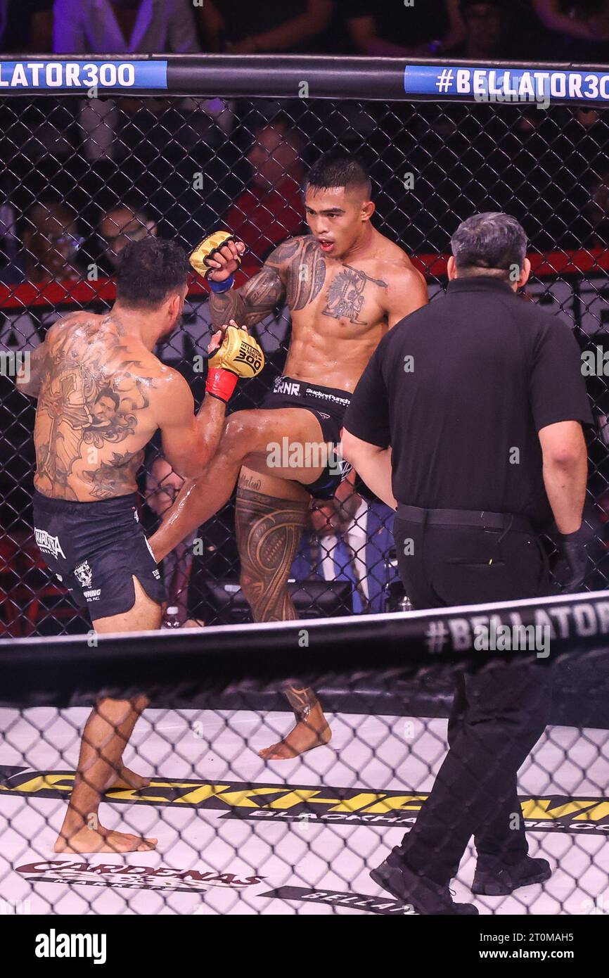 San Diego, États-Unis. 7 octobre 2023 : (R-L) le poids plume Kai Kamaka III frappe Henry Corrales lors de leur combat au Bellator 300 au Pechanga Arena le 7 octobre 2023 à San Diego, CA. Christopher Trim/CSM. Crédit : CAL Sport Media/Alamy Live News Banque D'Images