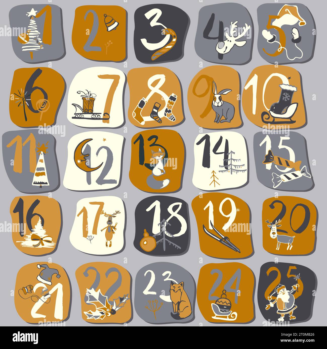 Calendrier de l'Avent de Noël. Adorables décorations de Noël colorées avec le nombre de jours de décembre. Compte à rebours de l'affiche de Noël. Conception à plat idéale pour les pos Illustration de Vecteur