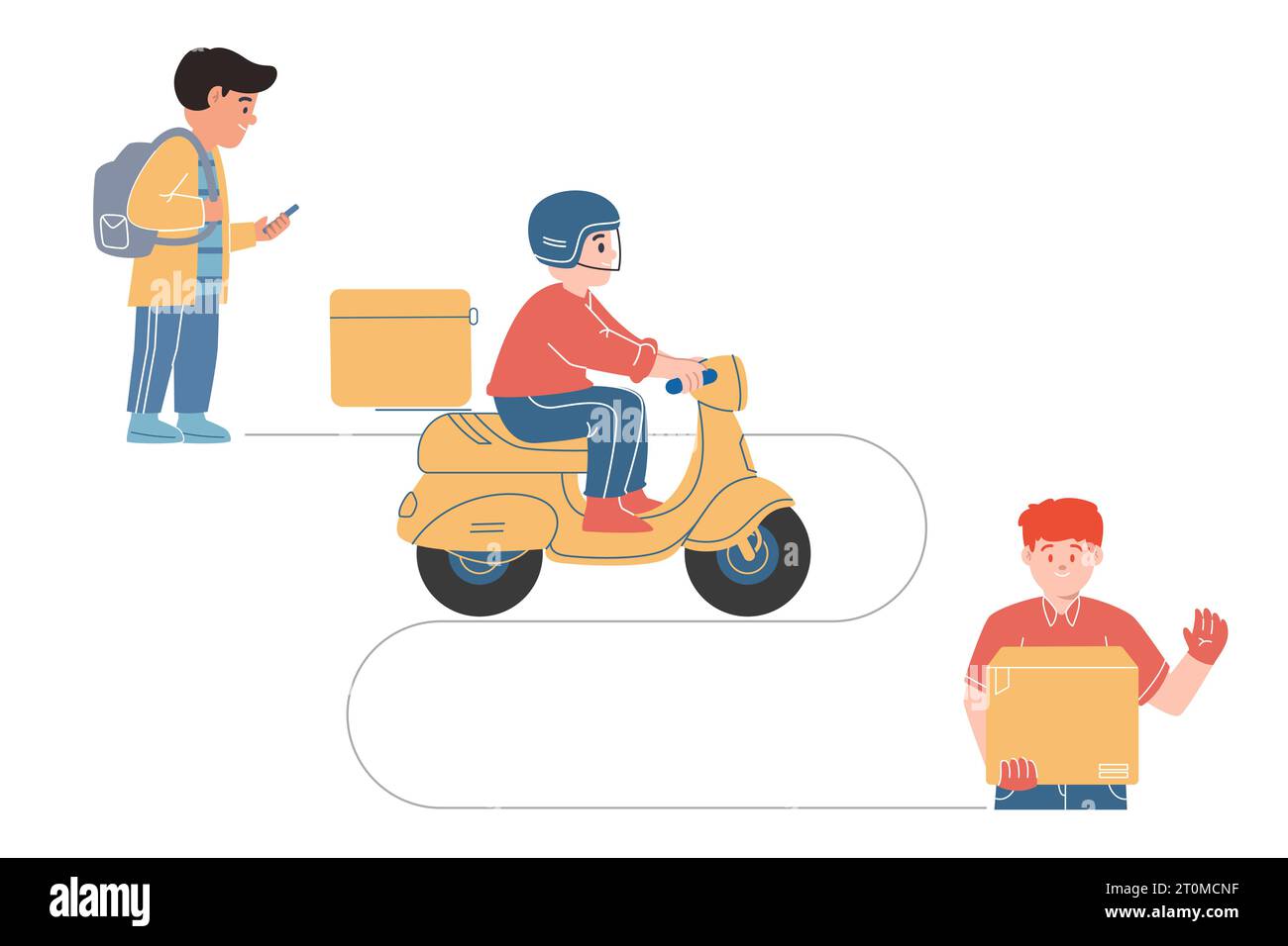 Commande du client en utilisant l'application mobile de téléphone intelligent pour l'envoi de livraison shopping acheter service de nourriture envoyer paquet moto conducteur moto Illustration de Vecteur