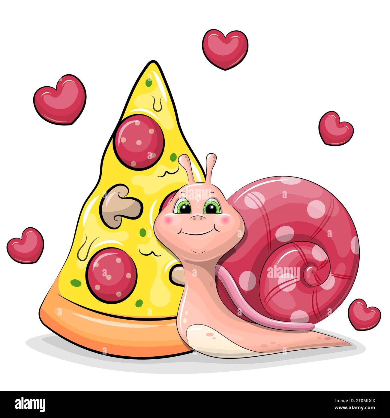 Escargot de dessin animé mignon avec un gros morceau de pizza. Illustration vectorielle d'un animal sur un fond blanc avec des coeurs rouges. Illustration de Vecteur