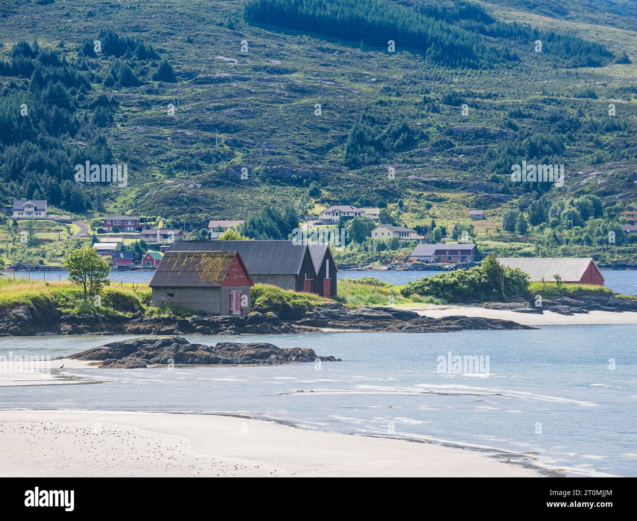 Beauté côtière : plage de Norvège, maisons de bateau, cabanes, arbres, et paysage naturel serein. Banque D'Images