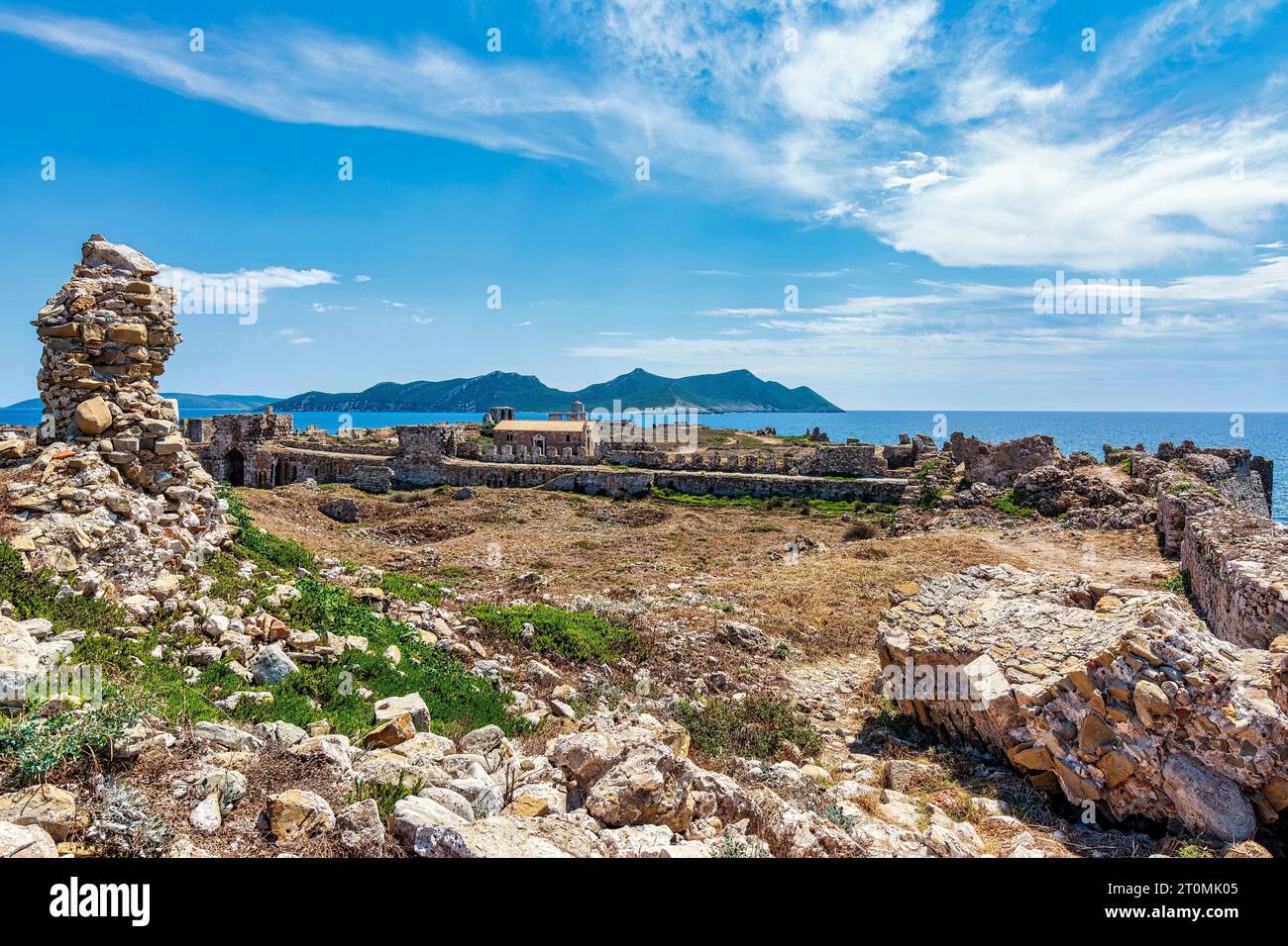 Vue panoramique sur le château de Methoni. Le château est une fortification médiévale dans la ville portuaire de Methoni, Messinia Péloponnèse, Grèce. Banque D'Images