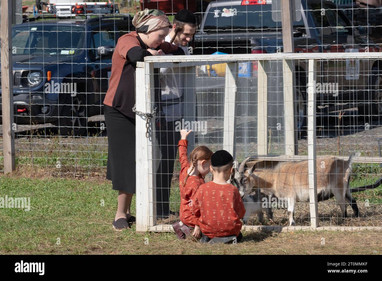 Une famille juive orthodoxe célèbre Sukkos en visitant une ferme, un zoo pour enfants et un endroit amusant pour les enfants. À Monsey, New York. Banque D'Images