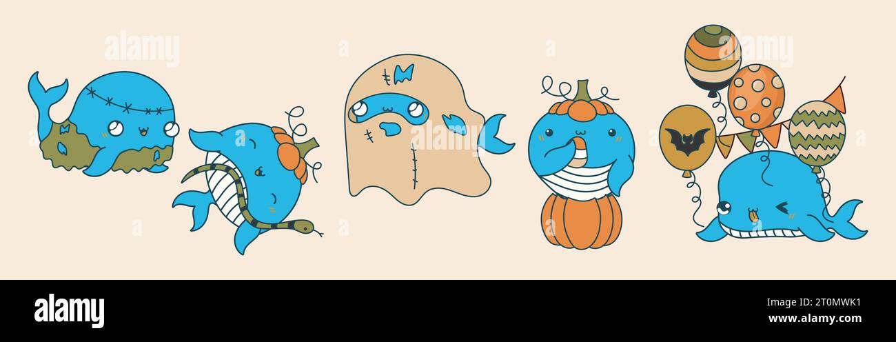 Ensemble d'illustrations vectorielles de baleine Halloween. Collection de Kawaii isolé animal marin d'Halloween Illustration de Vecteur