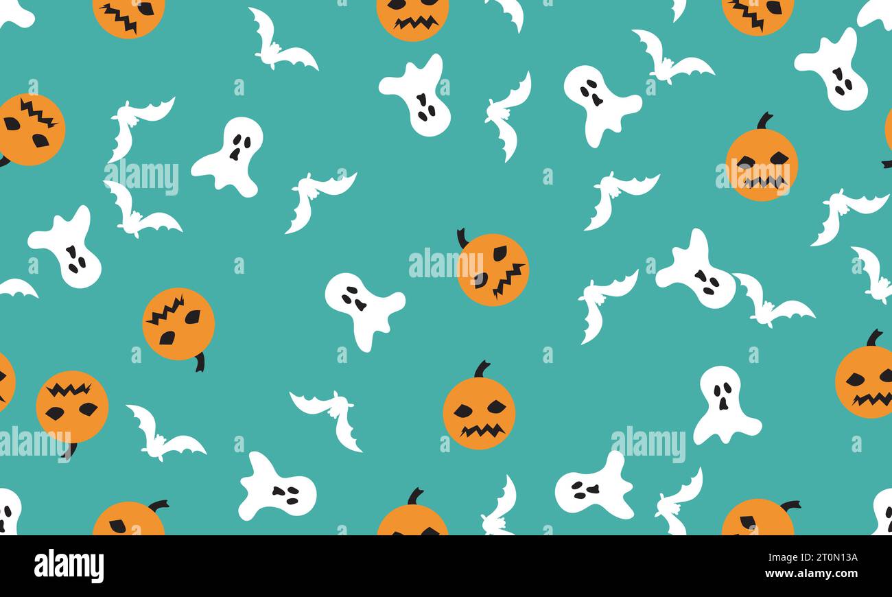 couleur verte sans couture halloween citrouille, araignée, chauve-souris et fond de motif fantôme Illustration de Vecteur