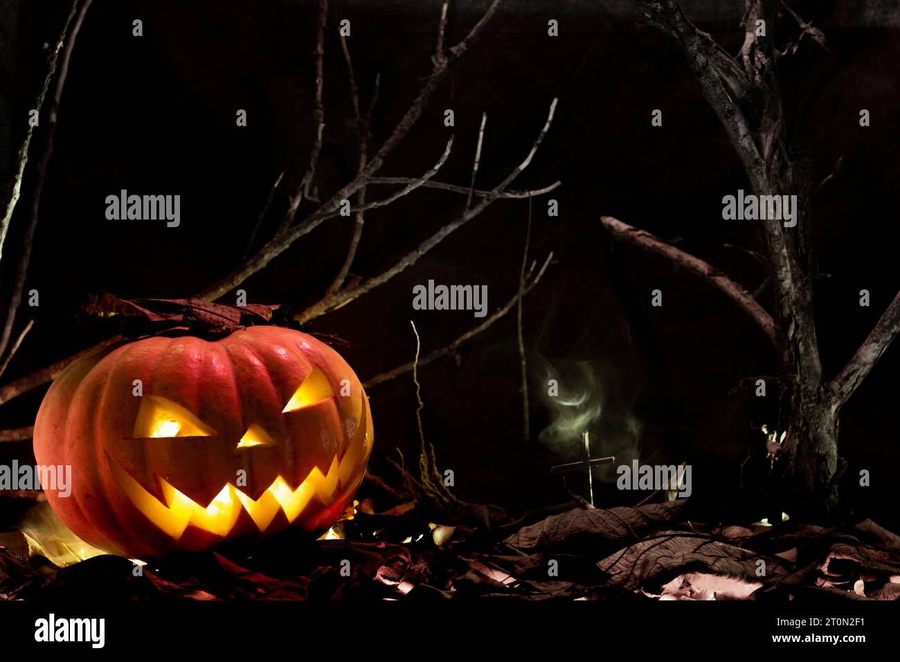 Eerie Halloween Pumpkin dans un cimetière hanté, arrière-plan Halloween avec des bougies effrayantes de citrouilles dans le cimetière la nuit Banque D'Images