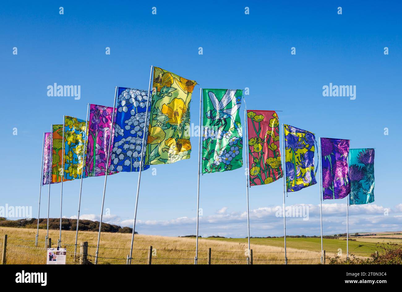 Une conversation appelée By the Wind, une installation d'art public de drapeaux colorés soufflant dans le vent à la réserve naturelle de Seaford Head dans l'East Sussex Banque D'Images