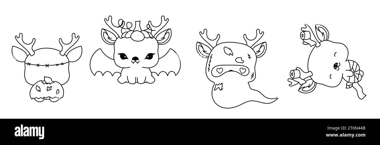 Ensemble de Vector Halloween Deer Coloriage page. Collection de Kawaii Halloween Forest Animal Outline. Illustration de Vecteur
