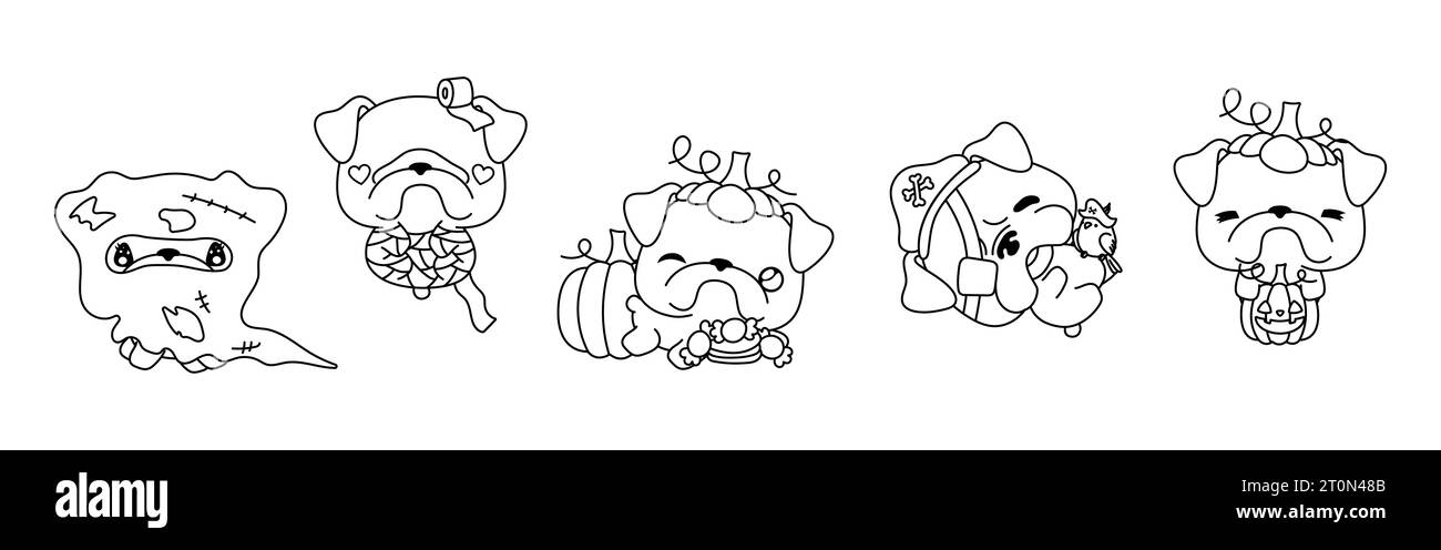 Ensemble de Vector Halloween Bulldog Dog Coloriage page. Collection de Kawaii Halloween Dog Outline. Illustration de Vecteur
