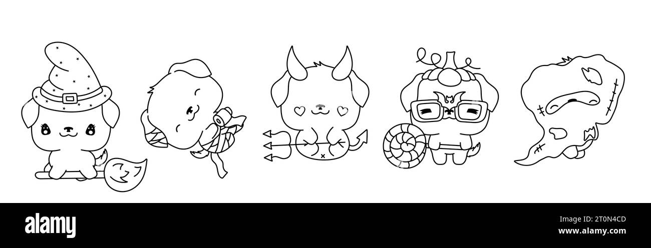 Ensemble de Vector Halloween Rottweiler Dog Coloriage page. Collection de Kawaii Halloween Dog Outline. Illustration de Vecteur