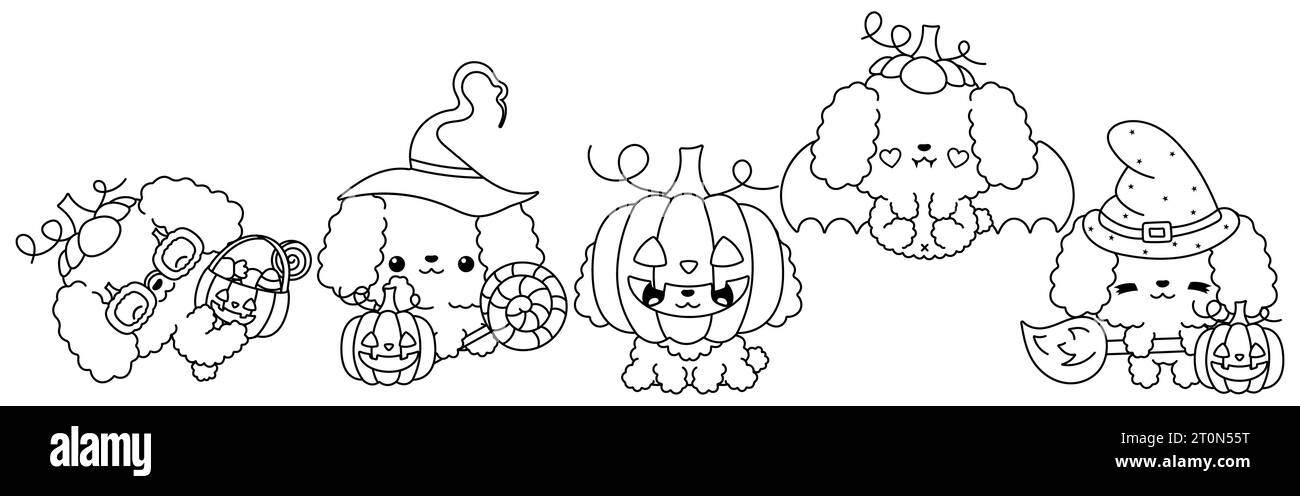 Ensemble de Kawaii Halloween Caniche Dog Coloriage page. Collection de Cute Vector Halloween Dog Outline Illustration de Vecteur
