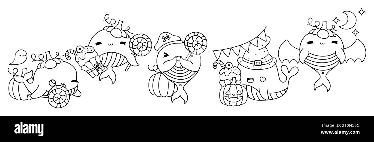 Collection de Vector Halloween Whale Outline. Ensemble de page de coloriage d'animal marin d'Halloween isolé Illustration de Vecteur