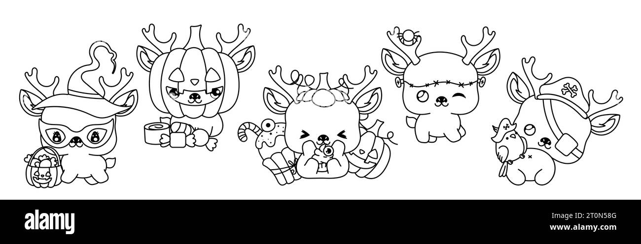 Collection de Vector Halloween Deer Outline. Ensemble de page de coloriage d'animaux forestiers d'Halloween isolée Illustration de Vecteur