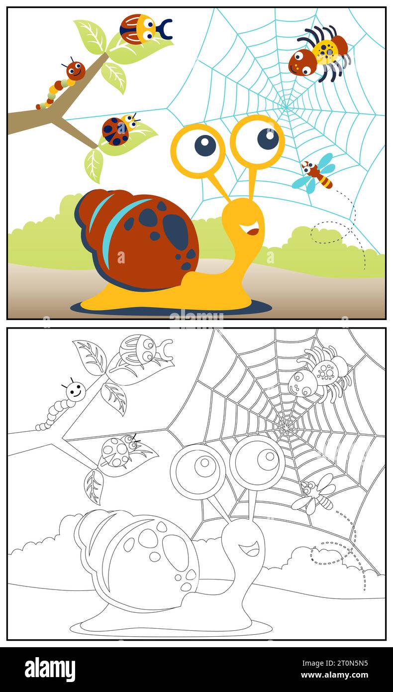 Escargot mignon avec des insectes, illustration de dessin animé vectoriel, livre de coloriage ou page Illustration de Vecteur