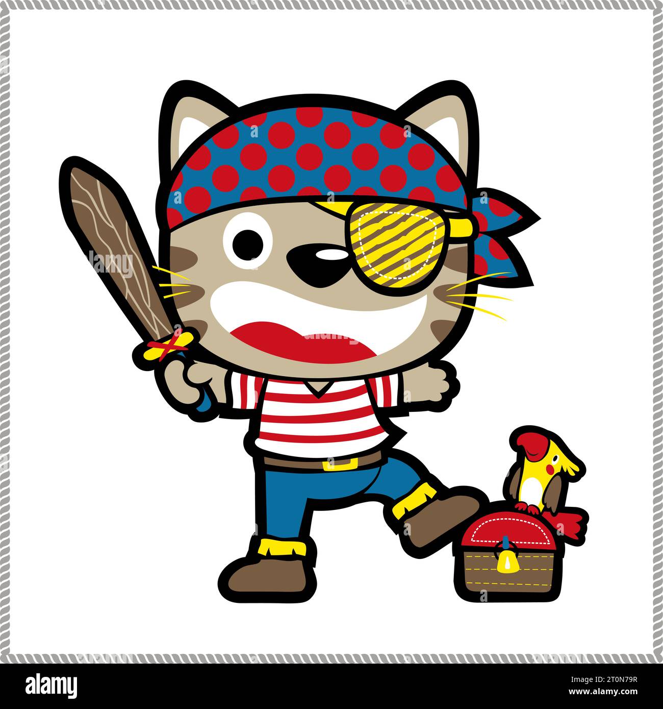Petit chat en costume de pirate tenant l'épée avec perroquet sur le coffre au Trésor, illustration de dessin animé vectoriel Illustration de Vecteur