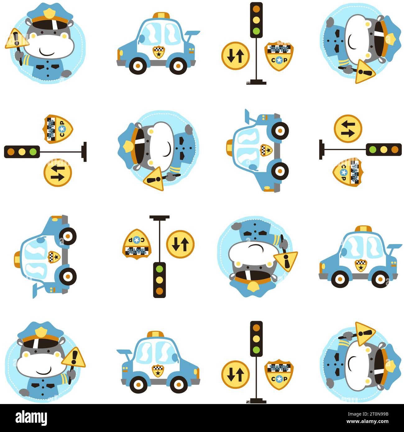 Dessin animé vectoriel modèle sans couture d'hippopotame mignon en uniforme de flic de trafic avec des éléments de trafic Illustration de Vecteur
