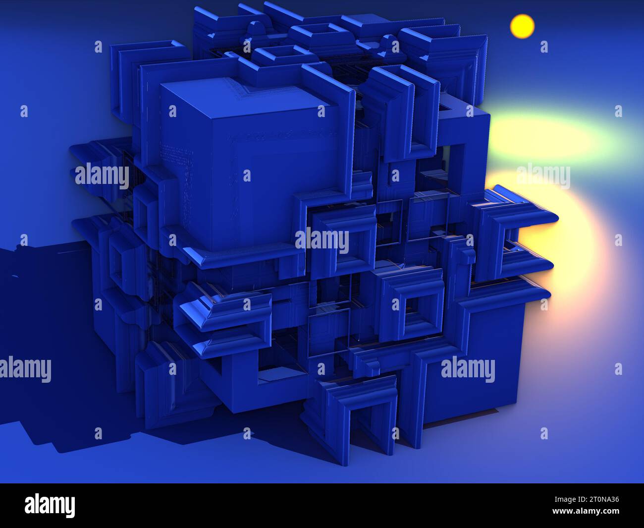 Arrière-plan 3D abstrait avec des segments extrudés aléatoirement. Segmentation détaillée de la surface plane. Architecture abstraite. illustration 3d. Bleu et jaune Banque D'Images