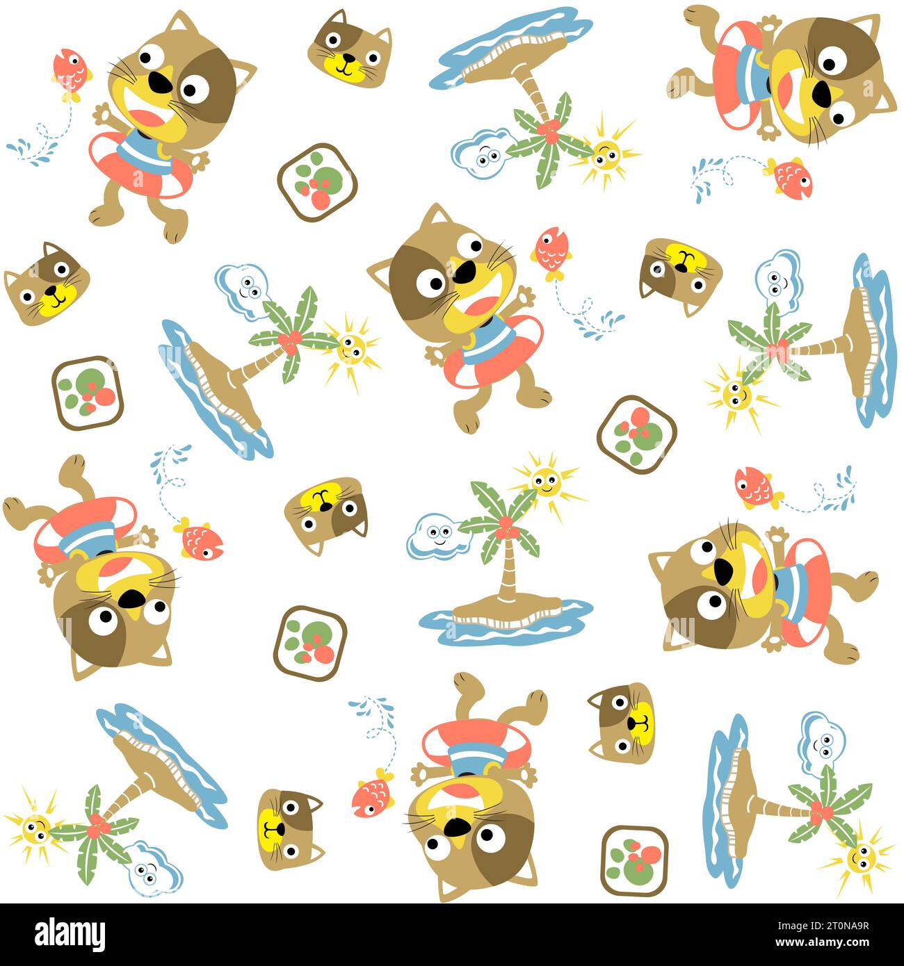 motif sans couture de dessin animé vectoriel de chaton drôle avec des éléments de vacances à la plage Illustration de Vecteur
