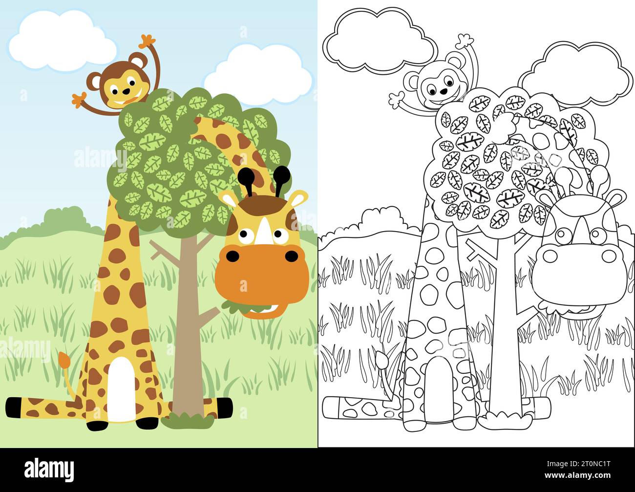 Girafe drôle et singe jouant un coup d'oeil à un boo, dessin animé vectoriel, coloriage ou livre Illustration de Vecteur