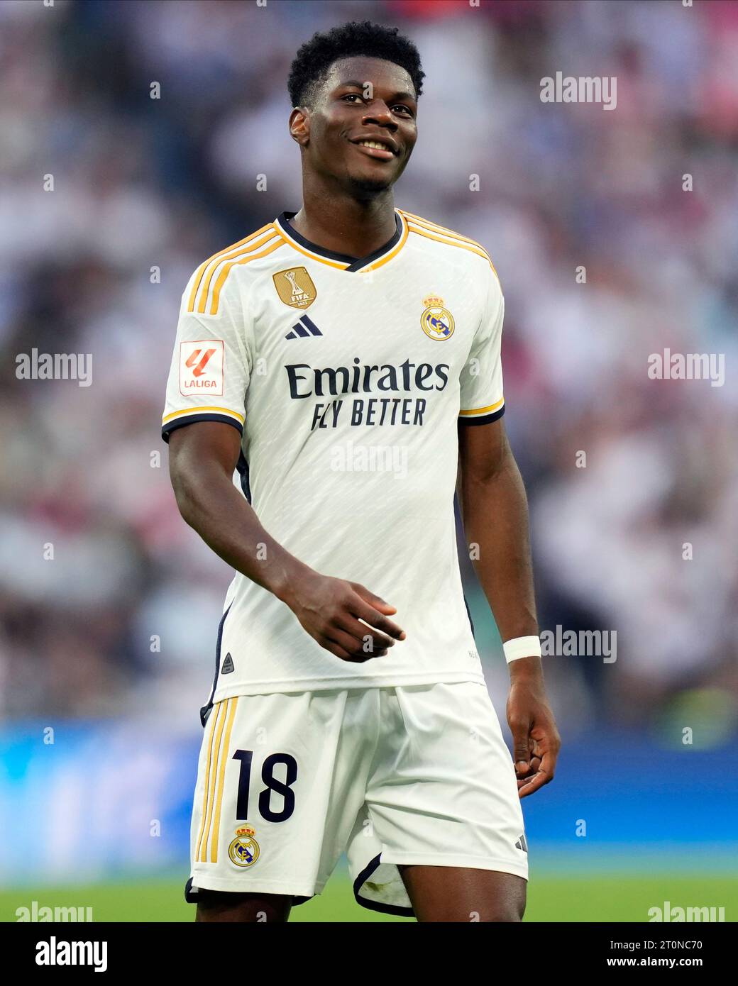 Aurelien Tchouameni du Real Madrid CF lors du match de la Liga entre le Real Madrid et le CA Osasuna a joué au stade Santiago Bernabeu le 7 octobre 2023 à Madrid, Espagne. (Photo Cesar Cebolla / PRESSINPHOTO) Banque D'Images