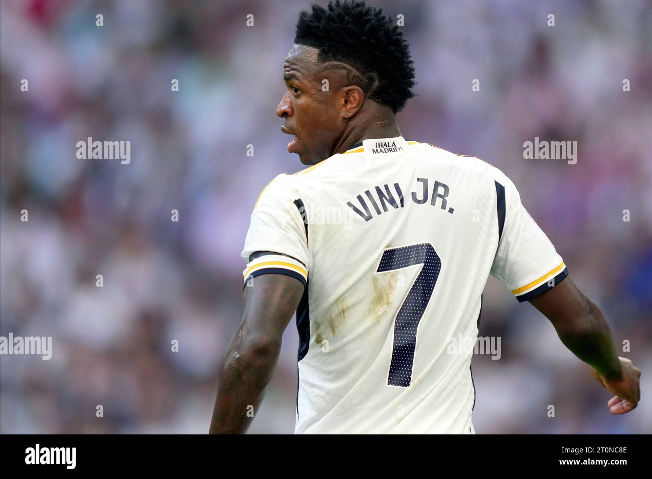 Vinicius Junior du Real Madrid CF lors du match de Liga entre le Real Madrid et le CA Osasuna a joué au stade Santiago Bernabeu le 7 octobre 2023 à Madrid, Espagne. (Photo Cesar Cebolla / PRESSINPHOTO) Banque D'Images