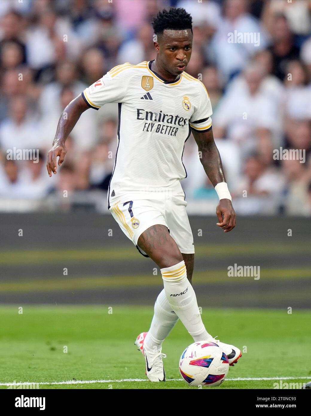 Vinicius Junior du Real Madrid CF lors du match de Liga entre le Real Madrid et le CA Osasuna a joué au stade Santiago Bernabeu le 7 octobre 2023 à Madrid, Espagne. (Photo Cesar Cebolla / PRESSINPHOTO) Banque D'Images