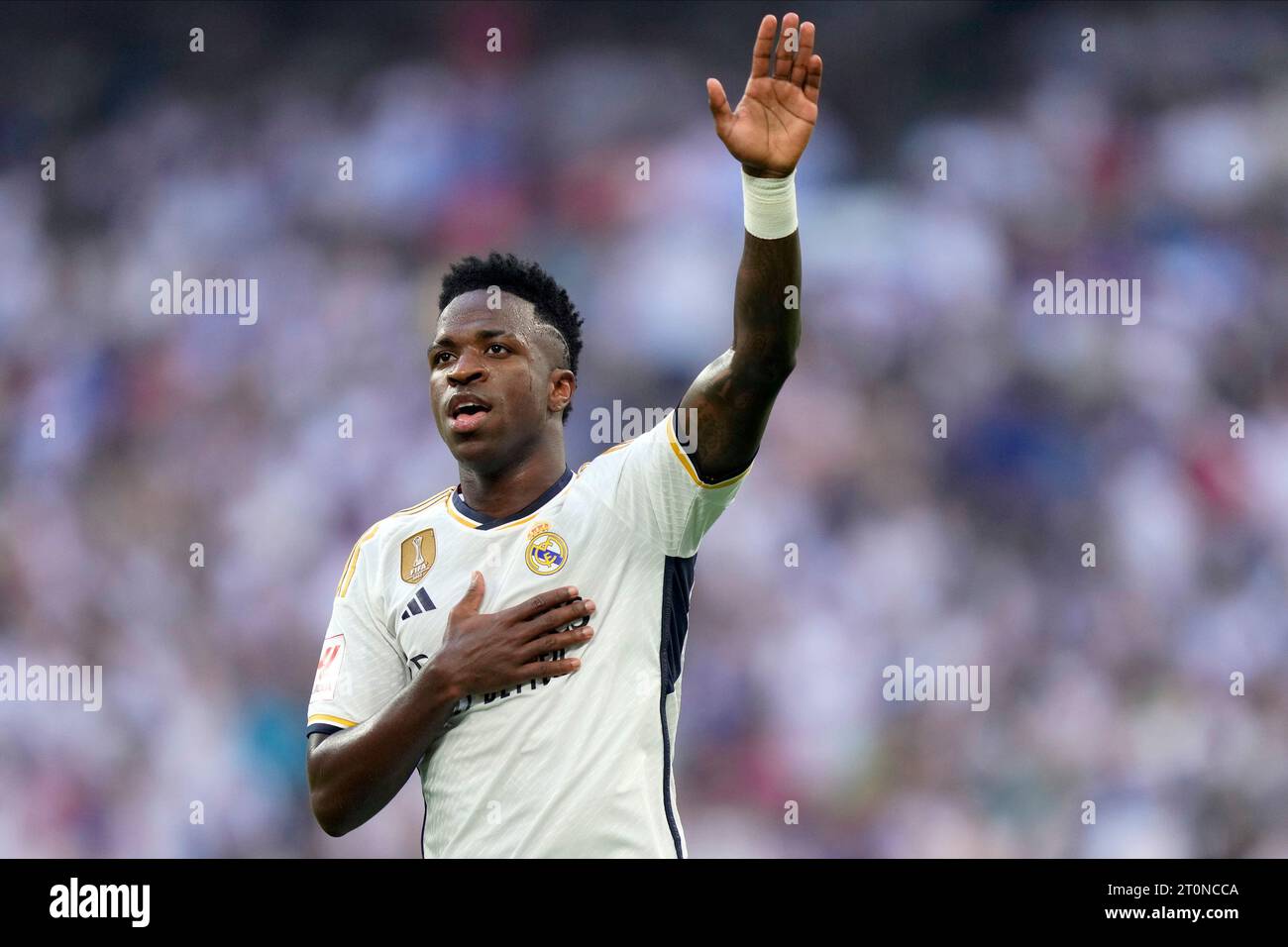 Vinicius Junior du Real Madrid CF lors du match de Liga entre le Real Madrid et le CA Osasuna a joué au stade Santiago Bernabeu le 7 octobre 2023 à Madrid, Espagne. (Photo Cesar Cebolla / PRESSINPHOTO) Banque D'Images