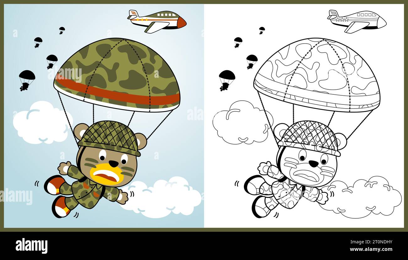 saut en parachute de soldat d'ours drôle, illustration de dessin animé vectoriel, livre de coloriage ou page Illustration de Vecteur