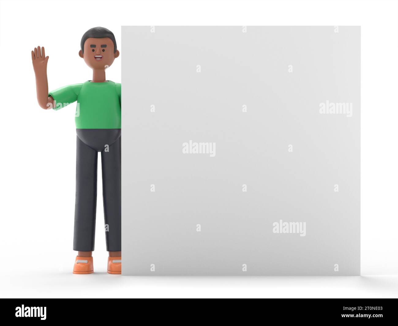 Illustration 3D de l'homme afro David avec la main levée, se tient derrière l'affiche vierge, isolé sur fond blanc. Concept de personnage de dessin animé minimal moderne Banque D'Images