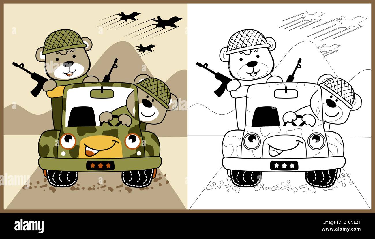 Soldats mignons ours sur camion militaire, illustration de dessin animé vectoriel, livre de coloriage ou page Illustration de Vecteur