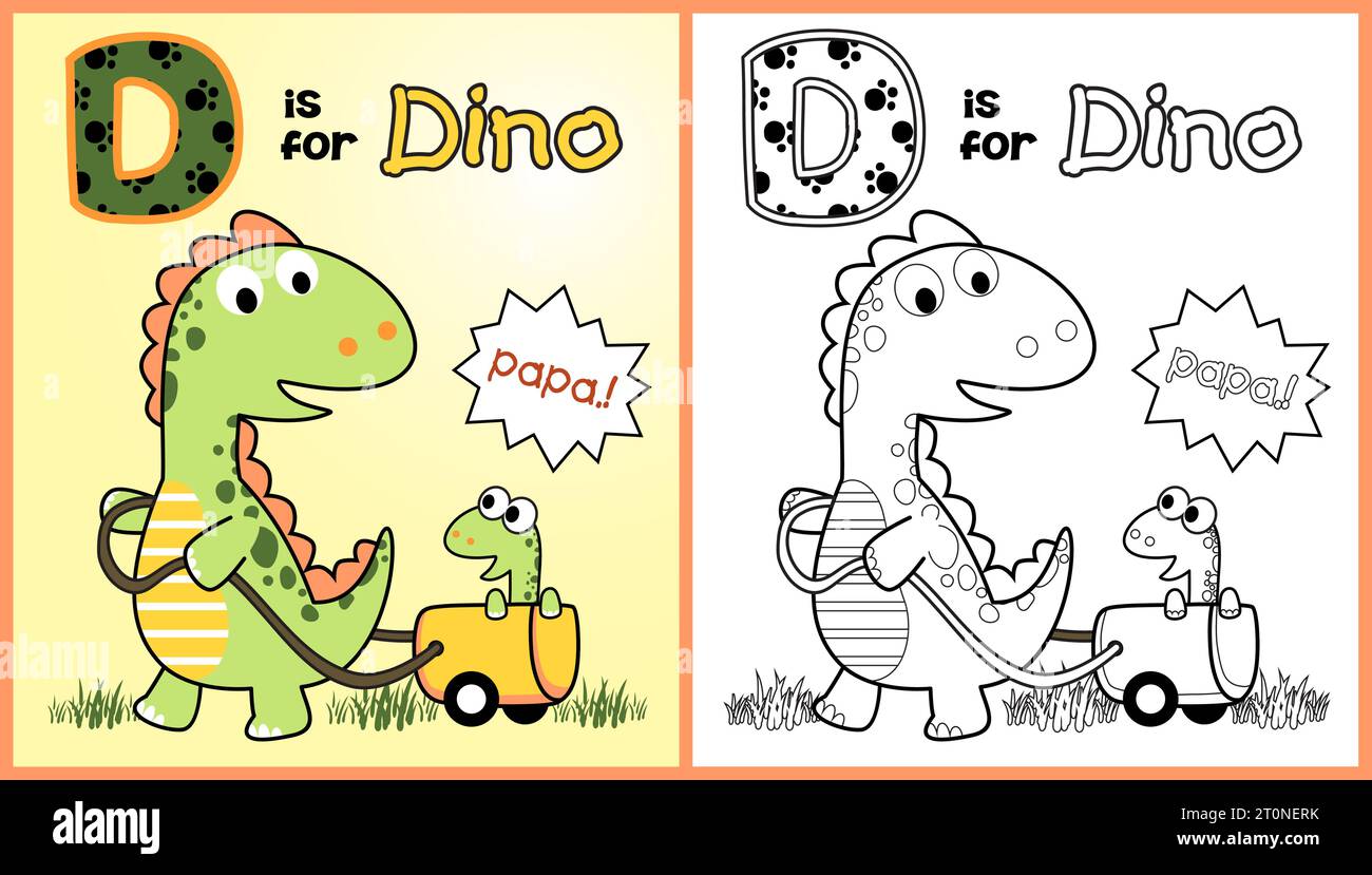 Dinosaure drôle tirant son ourson avec chariot, illustration de dessin animé vectoriel, coloriage ou livre Illustration de Vecteur
