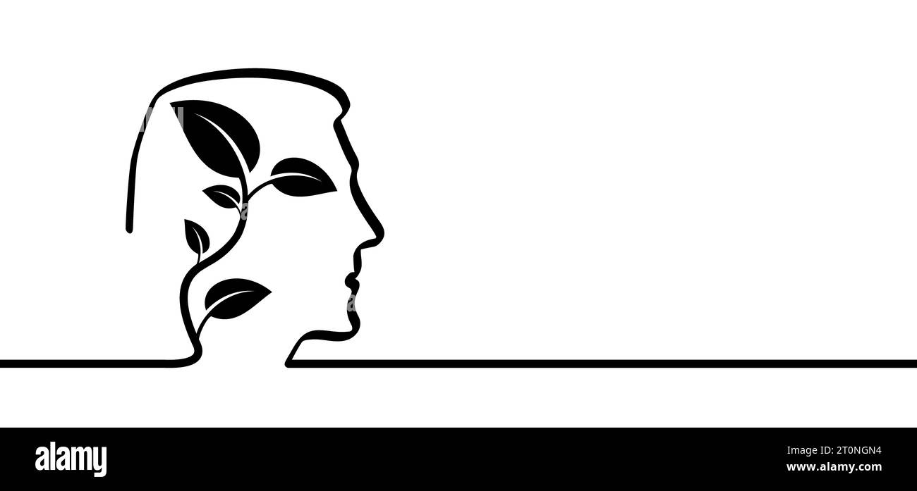 Esprit écologique. Tête et croissance, têtes avec feuilles. Concept d'environnement écologique du cerveau des feuilles ou des plantes et des personnes. Écologie des branches d'arbres. Tête humaine. Conc. Énergie Banque D'Images