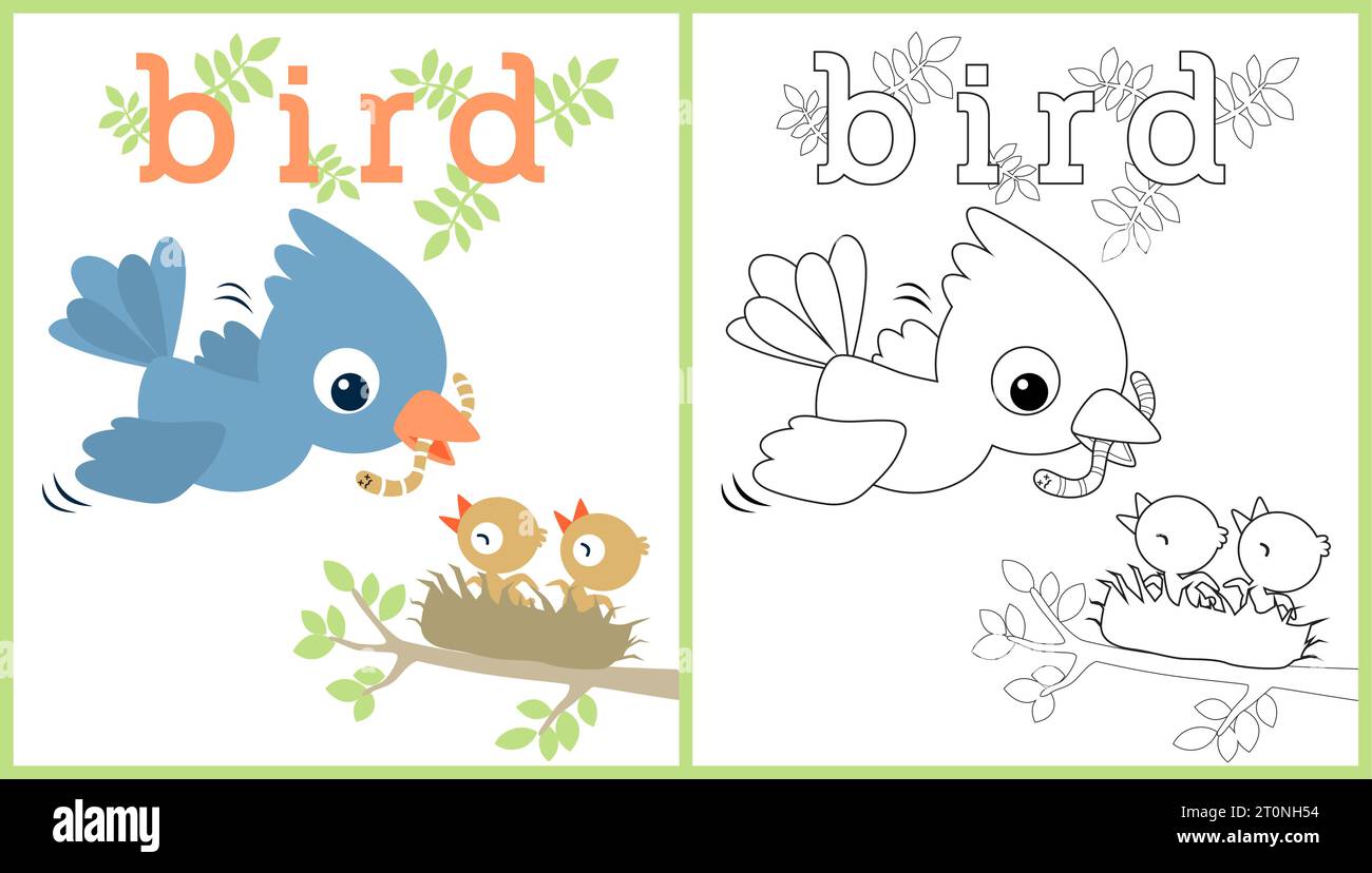 illustration de dessin animé vectoriel d'un oiseau nourrissant son petit avec ver sur le nid, le livre de coloriage ou la page Illustration de Vecteur