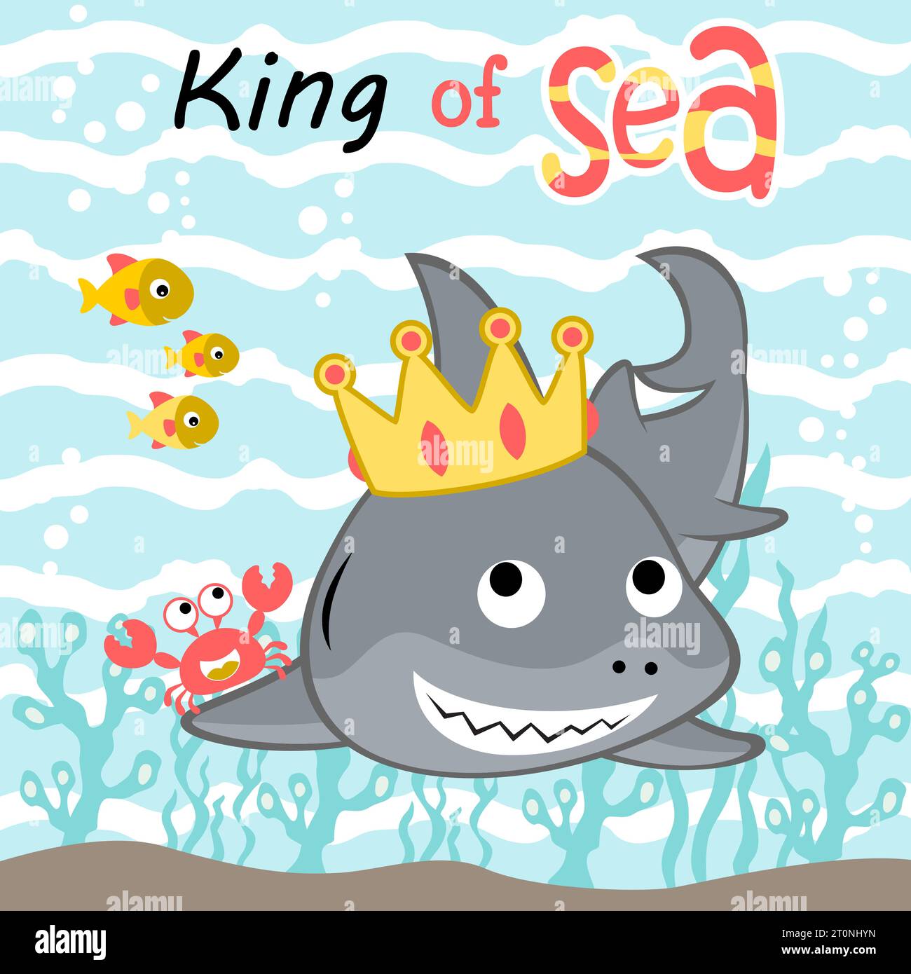 illustration de dessin animé vectoriel de requin drôle portant la couronne avec des poissons et du crabe sous-marin Illustration de Vecteur