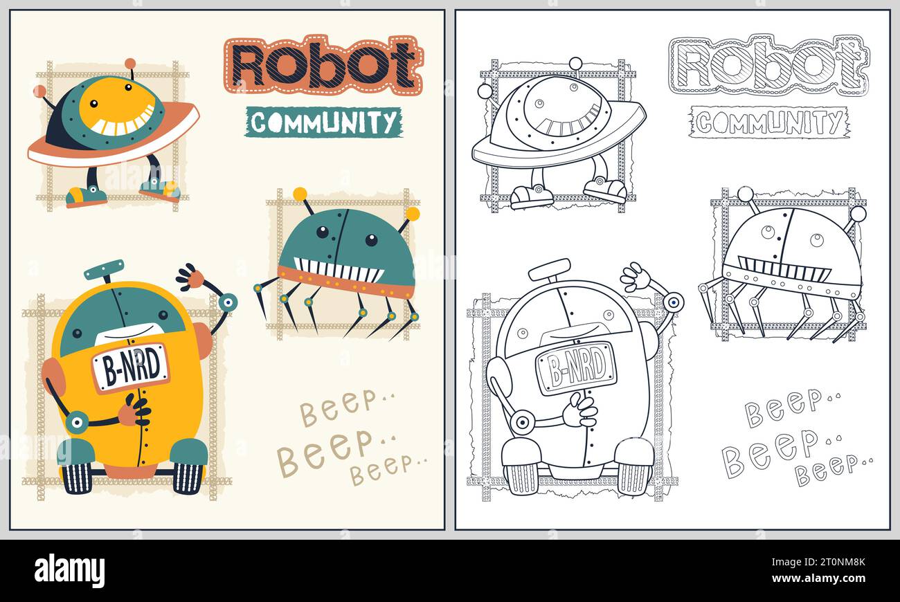 ensemble de robots drôles, illustration de dessin animé vectoriel, livre de coloriage ou page Illustration de Vecteur