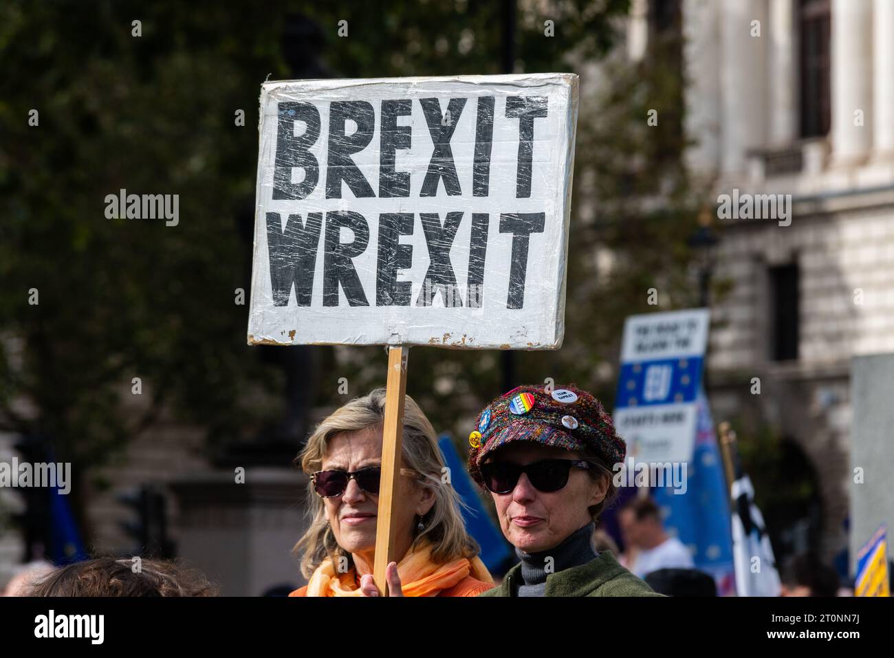 Pancarte Brexit Wrexit au National Rejoin March II à Londres, Royaume-Uni. Rassemblement de protestation pour que le Royaume-Uni rejoigne l'Union européenne. Jouez sur Wrecks IT text Banque D'Images