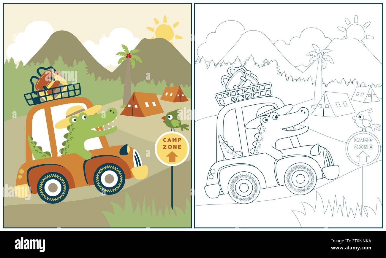 Voiture drôle de conduite de crocodile sur fond de terrain de camping, illustration de dessin animé vectoriel, livre de coloriage ou page Illustration de Vecteur