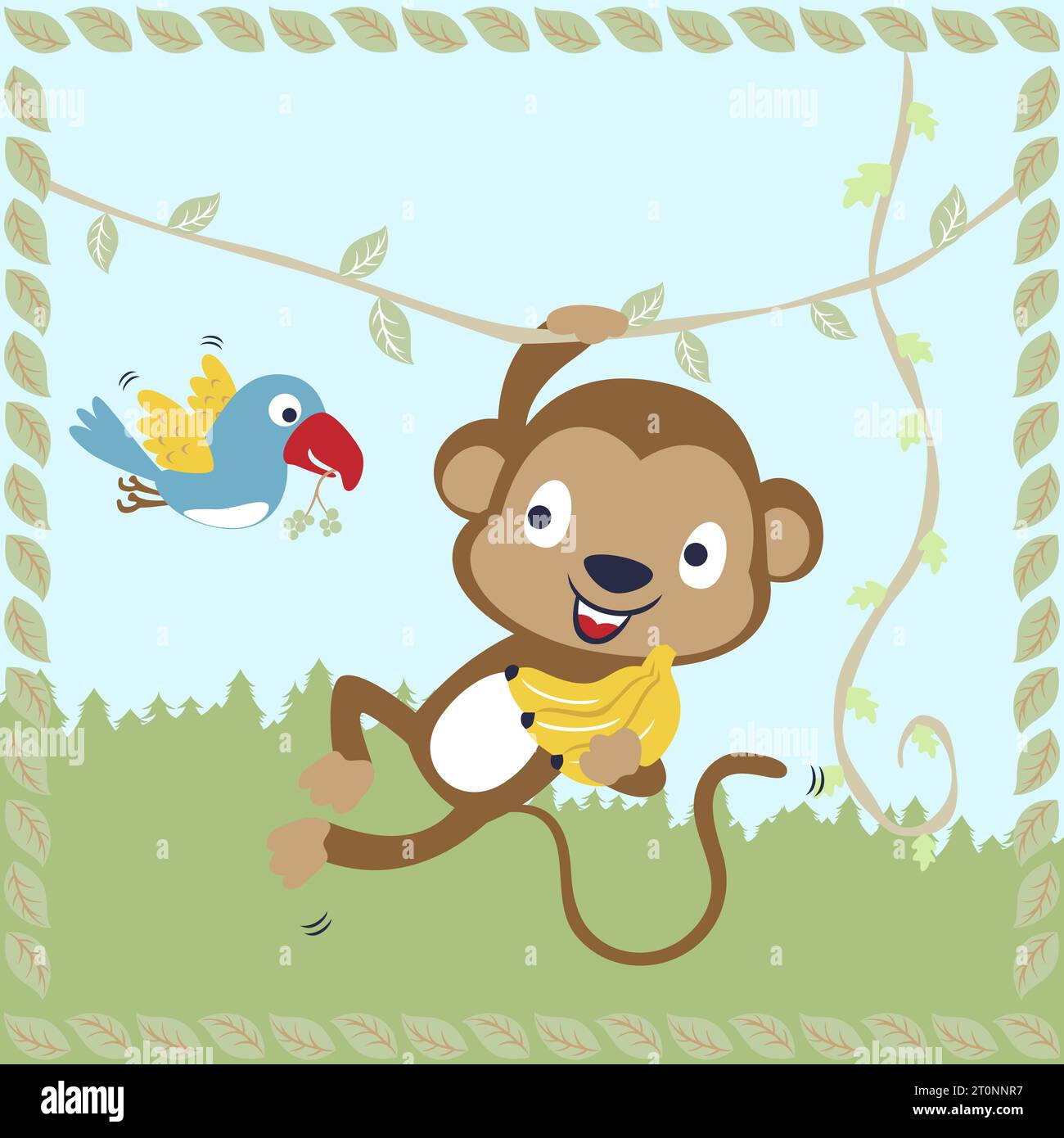 mignon singe tenant la banane, oiseau drôle portant des raisins, vecteur de bande dessinée Illustration de Vecteur