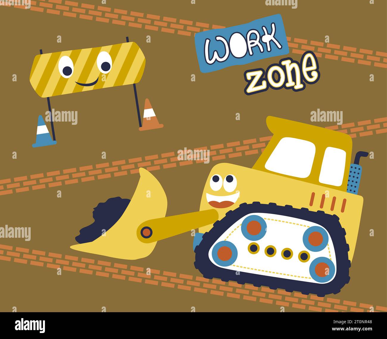 Illustration de dessin animé vectoriel de bulldozer drôle avec des signes de construction Illustration de Vecteur