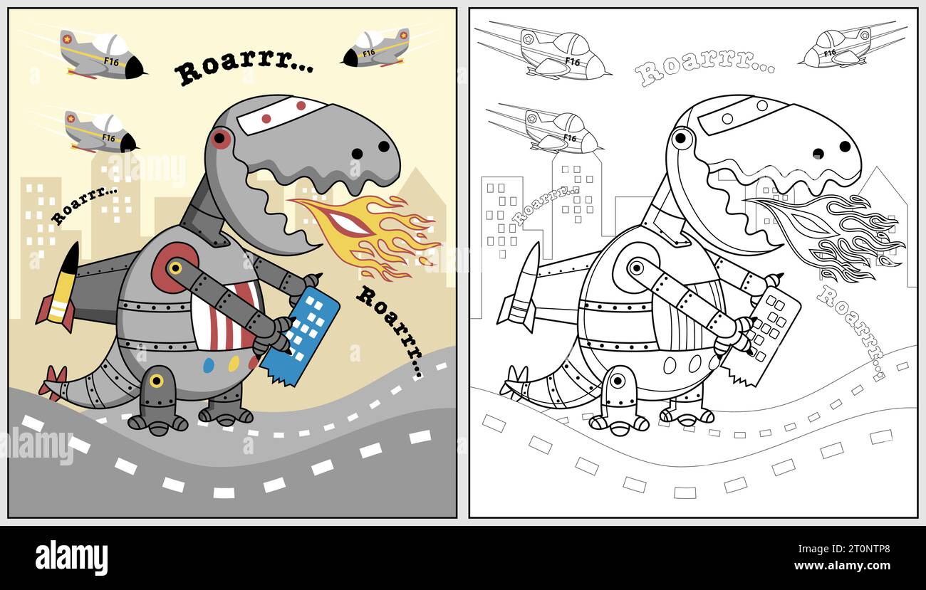 Dinosaure robot attaque la ville avec avion, illustration de dessin animé vectoriel, livre de coloriage ou page Illustration de Vecteur