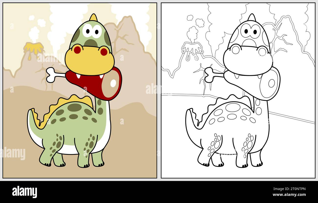 Dinosaure drôle avec de la viande dans sa bouche sur fond de volcans, illustration de dessin animé vectoriel, livre de coloriage ou page Illustration de Vecteur