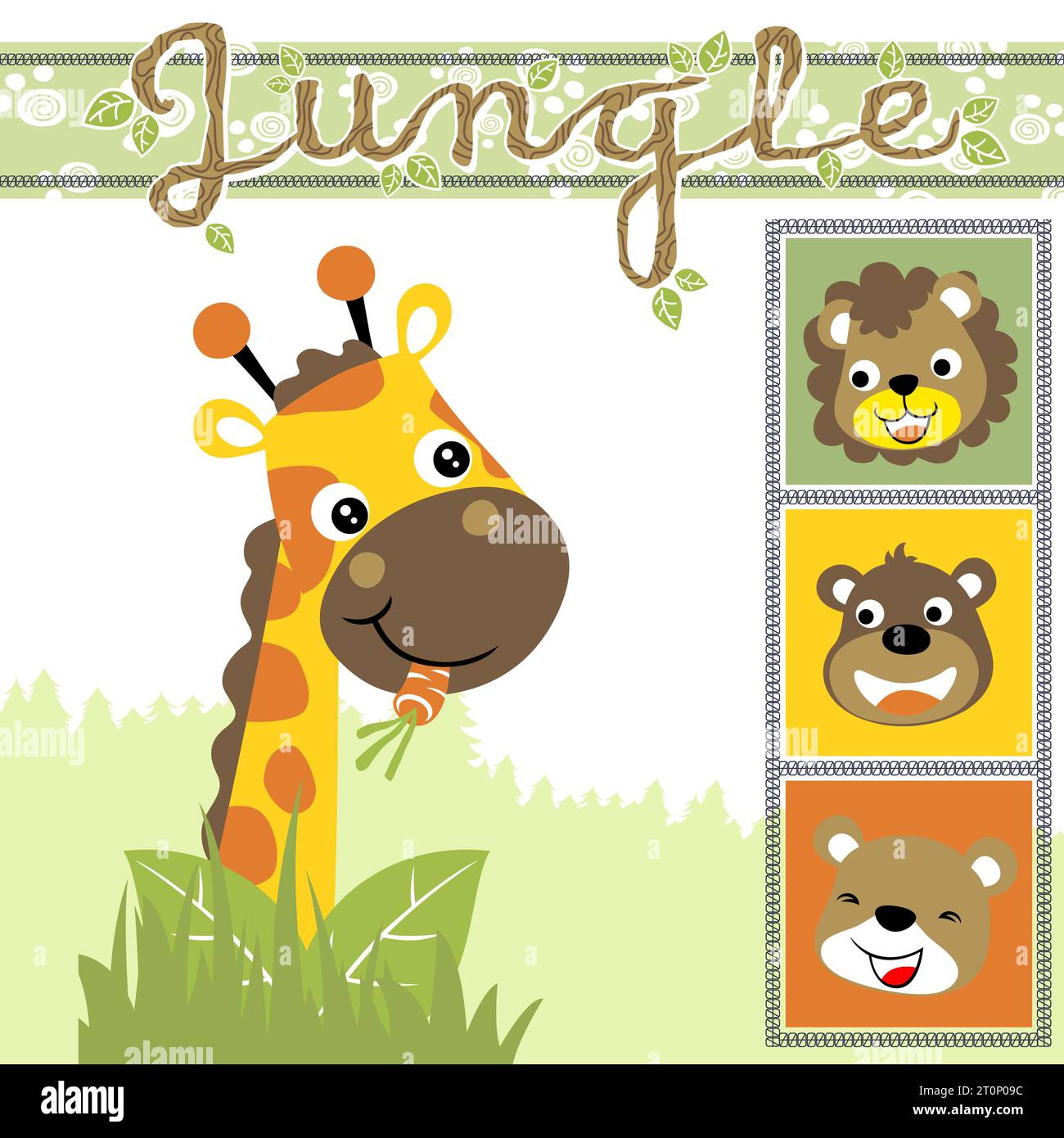 Illustration de dessin animé vectoriel de girafe drôle mangeant carotte, lion mignon avec le visage de sourire d'ours et de singe Illustration de Vecteur
