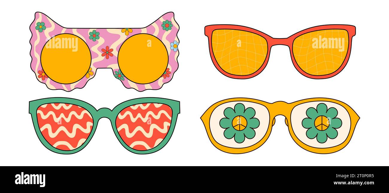 Lunettes de soleil trippy avec des imprimés vintage et des couleurs groovy. Illustrations vectorielles isolées sur fond blanc Illustration de Vecteur