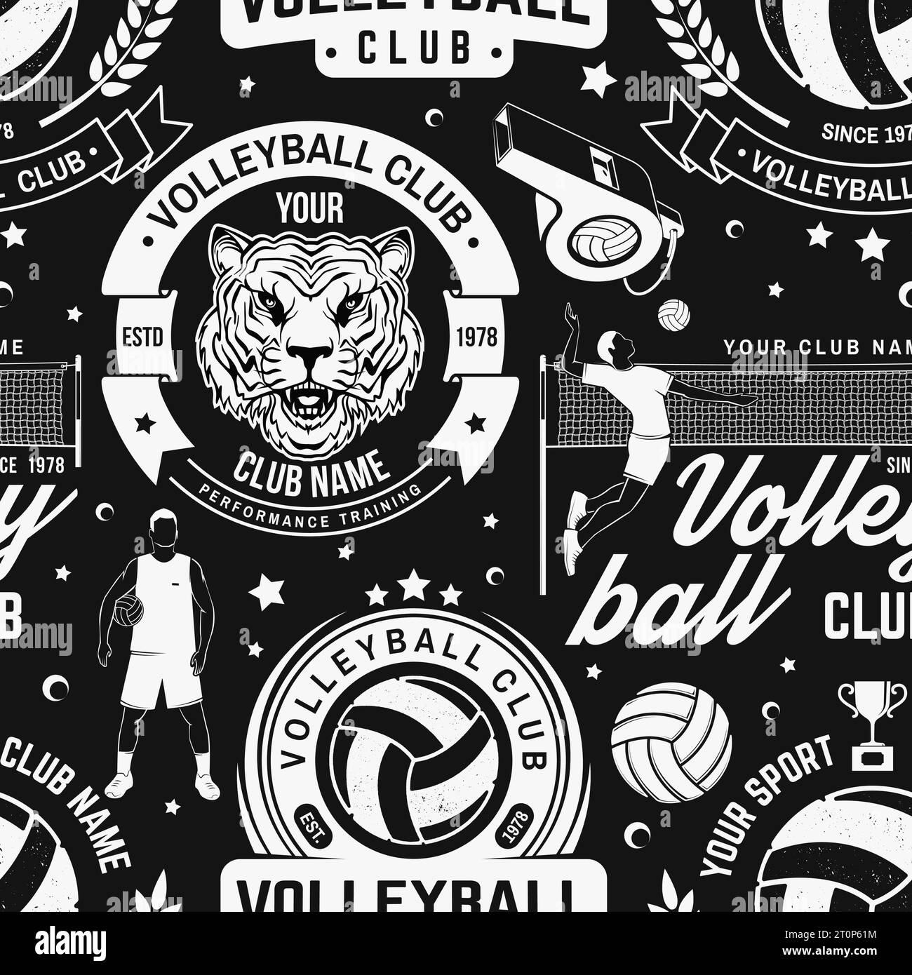 Ensemble de club de volley-ball sans coutures. Illustration vectorielle. Concept de fond de motif de sport ou de papier peint avec ballon de volley, joueur Illustration de Vecteur