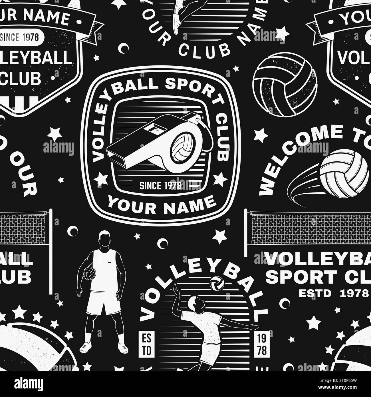 Ensemble de club de volley-ball sans coutures. Illustration vectorielle. Concept de fond de motif de sport ou de papier peint avec ballon de volley, joueur Illustration de Vecteur