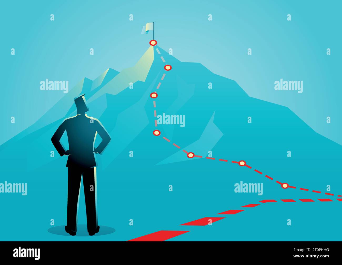 Illustration vectorielle de concept d'entreprise d'un homme d'affaires regardant les lignes rouges qui mènent au sommet d'une montagne Illustration de Vecteur